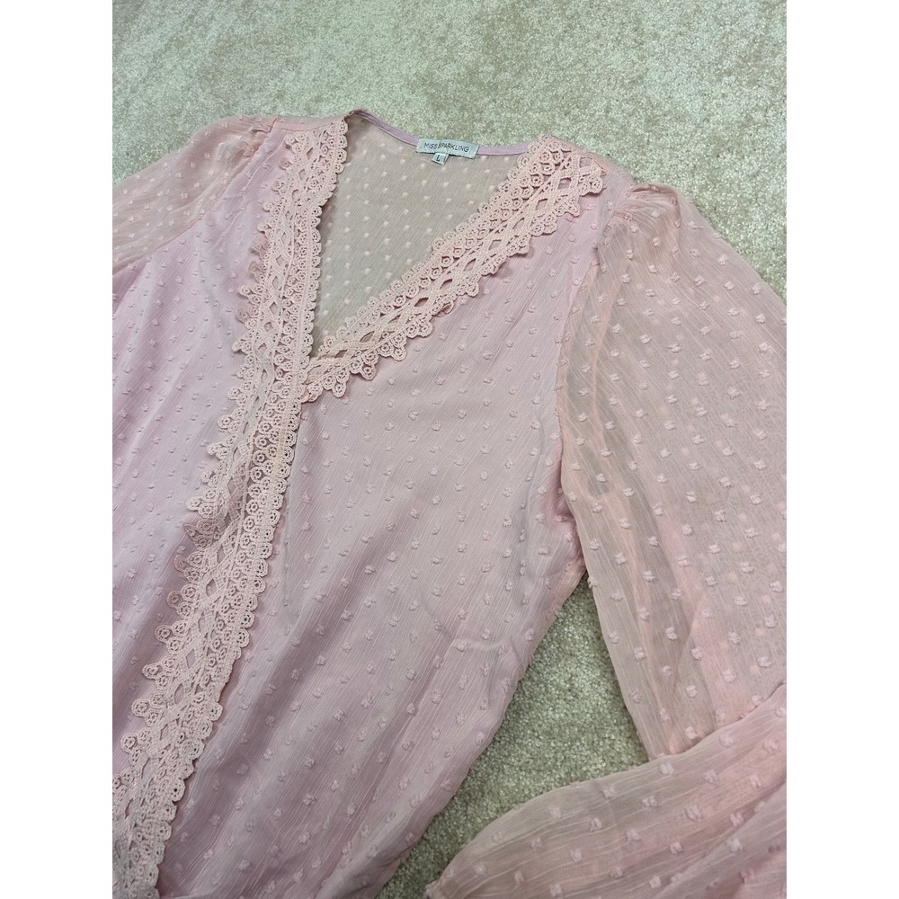MISS SPARKLING Women's Pink L Wrap Blouse Lace Swiss Dot Long Sleeve Top